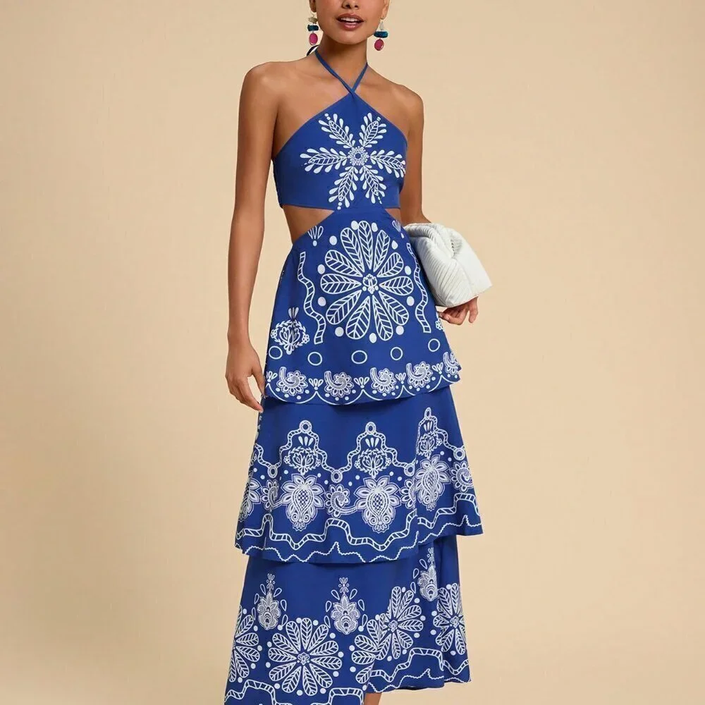 Blue Boho Women's Vacation Chiffon Floral Print Backless Halter Dress